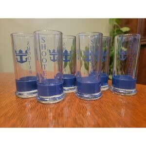 Vtg Set 6 Shot Glasses Blue Anchor Shooter Royal Caribbean Cruise Nautical